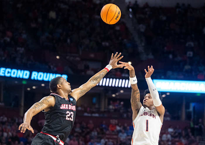 Auburn Tigers guard Wendell Green Jr. (1) takes a jump shot during the first round of the 2022 NCAA tournament at Bon Secours Wellness Arena in Greenville, S.C., on Friday, March 18, 2022. Auburn Tigers defeated Jacksonville State Gamecocks 80-61.